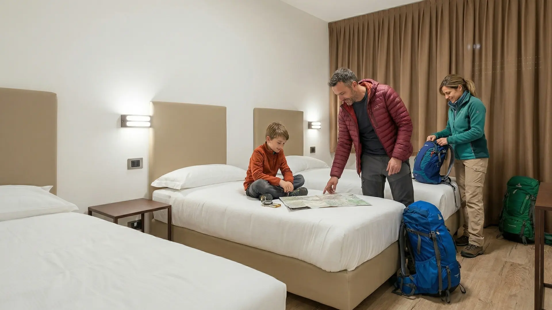 Famiglia prepara escursione in camera hotel